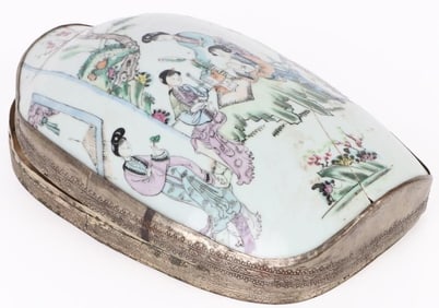 VINTAGE ASIAN PORCELAIN SILVER PLATED TRINKET BOX