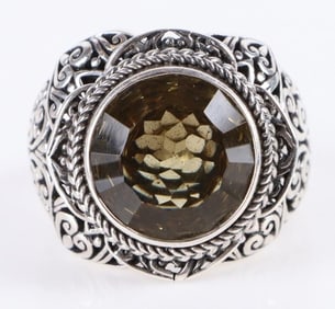STERLING SILVER OLIVE QUARTZ FILIGREE UNISEX RING