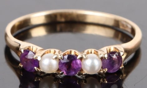 14K YELLOW GOLD AMEHTYST PEARL LADIES RING