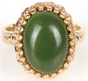 14K YELLOW GOLD GREEN NEPHRITE LADIES RING
