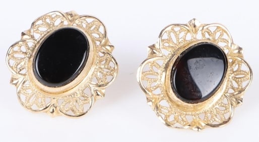14K YELLOW GOLD ONYX LADIES EARRINGS