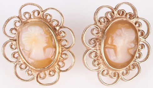 14K YELLOW GOLD FLORAL CAMEO LADIES EARRINGS