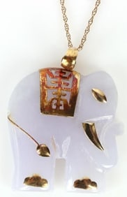 14K YELLOW GOLD PURPLE JADE ELEPHANT NECKLACE