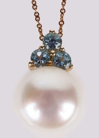 14K YELLOW GOLD BLUE TOPAZ & PEARL NECKLACE