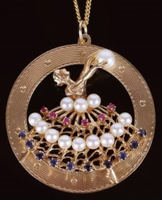 14K GOLD PEARLS SAPPHIRE RUBY BALLERINA PENDANT