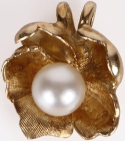 14K YELLOW GOLD PEARL LADIES FLORAL PENDANT