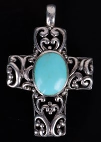 STERLING SILVER ANGEL TURQUOISE CROSS PENDANT