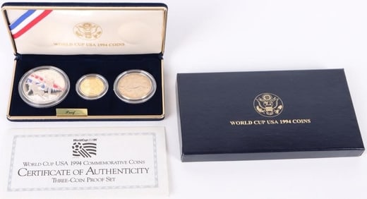 WORLD CUP USA 1994 THREE-COIN PROOF SET W/ COA