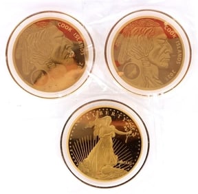 ASSORTED COOK ISLANDS $25 FINE GOLD THIN COINS-(3)