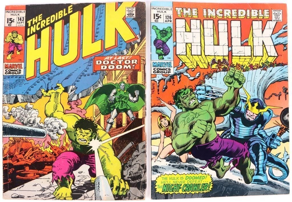 THE INCREDIBLE HULK #126 & 143 MARVEL 1970: The Incredible Hulk #126 & 143 Marvel 1970. To feature 1st appearance of Barbara Norris (who later becomes Valkyrie) and Night-Crawler (renamed Dark-Crawler). #143 features the first ever meeting betw