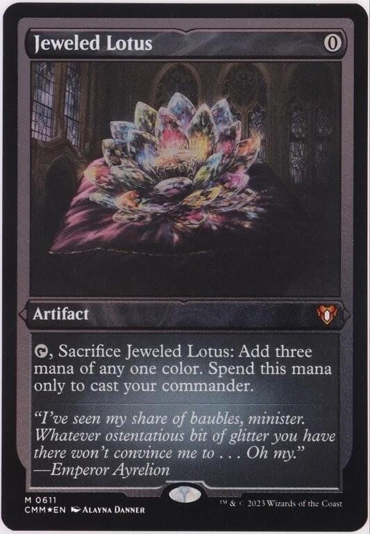 MTG JEWELED LOTUS FOIL ETCHED 2023 0611: Magic the Gathering Jeweled Lotus Foil Etched 2023 #0611 All cards sleeved. Condition: Mid-High grade estimate. See images.