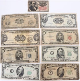 VINTAGE ASSORTED U.S. & PHILIPPINES BANKNOTES -(9)