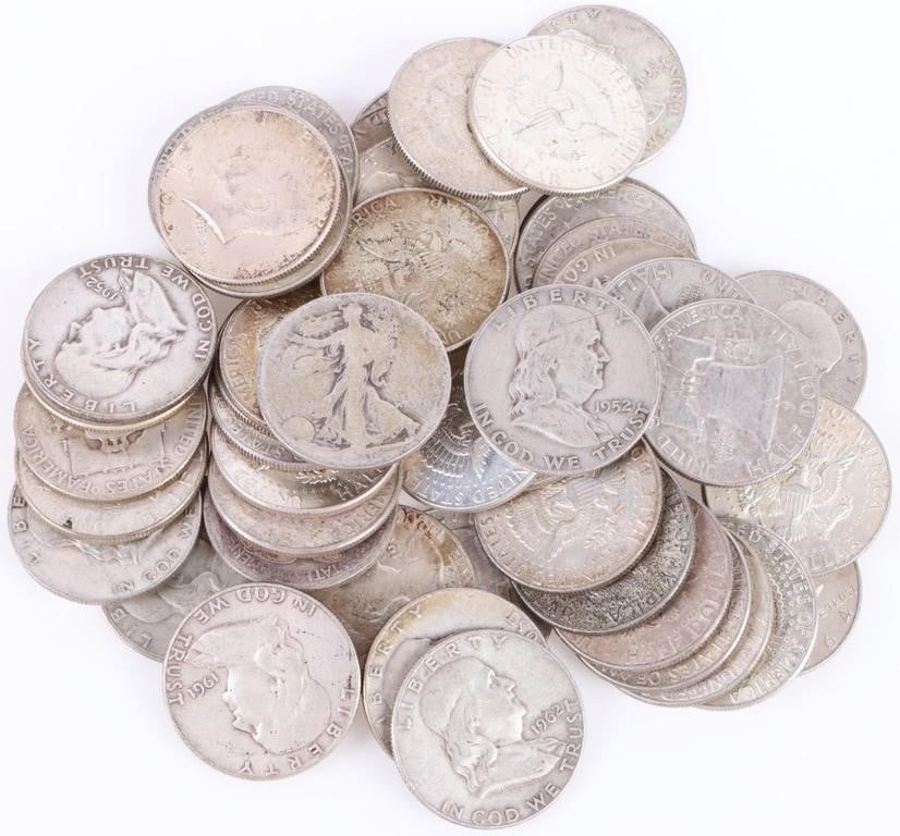 ASSORTED 90% SILVER HALF DOLLARS MIXED - (50) (1 of 3)