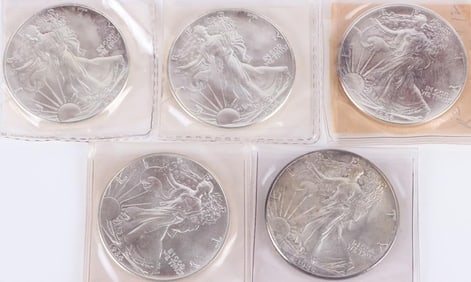 1986 BU SILVER AMERICAN EAGLE BULLION COINS (5)