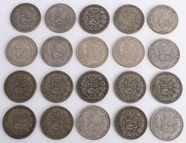 50% SILVER WORLD SILVER COINS PERU UN SOL - (20)