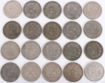 50% SILVER WORLD SILVER COINS PERU UN SOL - (20)