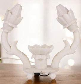 CARVED STONE WHITE LOTUS TABLE LAMP FROM AGRA