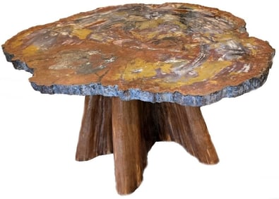 LARGE PETRIFIED WOOD TABLE W/ CYPRESS BASE