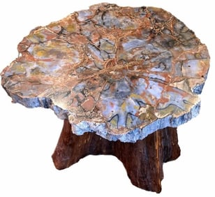 HEAVY PETRIFIED WOOD TABLE W/ CYPRESS BASE