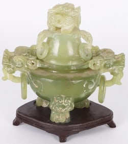 SOLID JADEITE ASIAN CARVED INCENSE BURNER W/ STAND