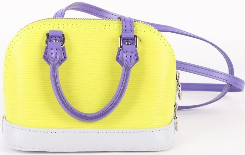 LOUIS VUITTON TRICOLOR NANO LIMITED ALMA BAG: Louis Vuitton Tricolor Nano Limited Edition Alma Bag. To feature Epi Leather, comes in coating of three colors, with two handles, a shoulder strap, and a zipper that reveals an Alcantara interior. Siz