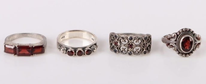 RED GARNET STERLING SILVER LADIES RINGS - (4)