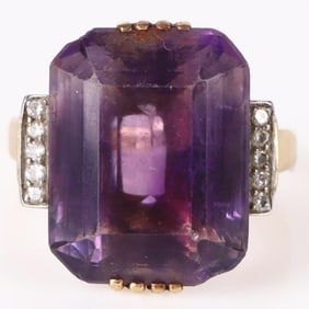HUGE 18X14MM AMETHYST 14K GOLD DIAMOND RING