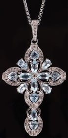 LOVELY AQUAMARINE CROSS STERLING SILVER NECKLACE
