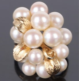 LARGE PEARL CLUSTER 14K YELLOW GOLD LADIES RING