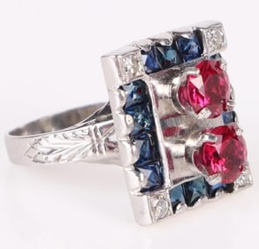 18K DIAMOND RUBY SAPPHIRE ART DECO RING
