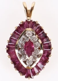 14K GOLD RUBY PENDANT W/ MARQUIS CENTER RUBY