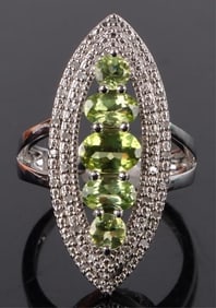 GREEN PERIDOT & DIAMOND STERLING SILVER RING
