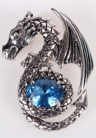STERLING SILVER DRAGON HOLDING SPINEL BALL PENDANT