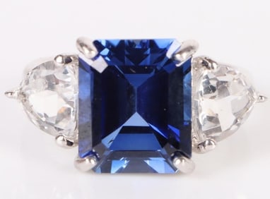 10X9MM BLUE SAPPHIRE & TOPAZ STERLING SILVER RING