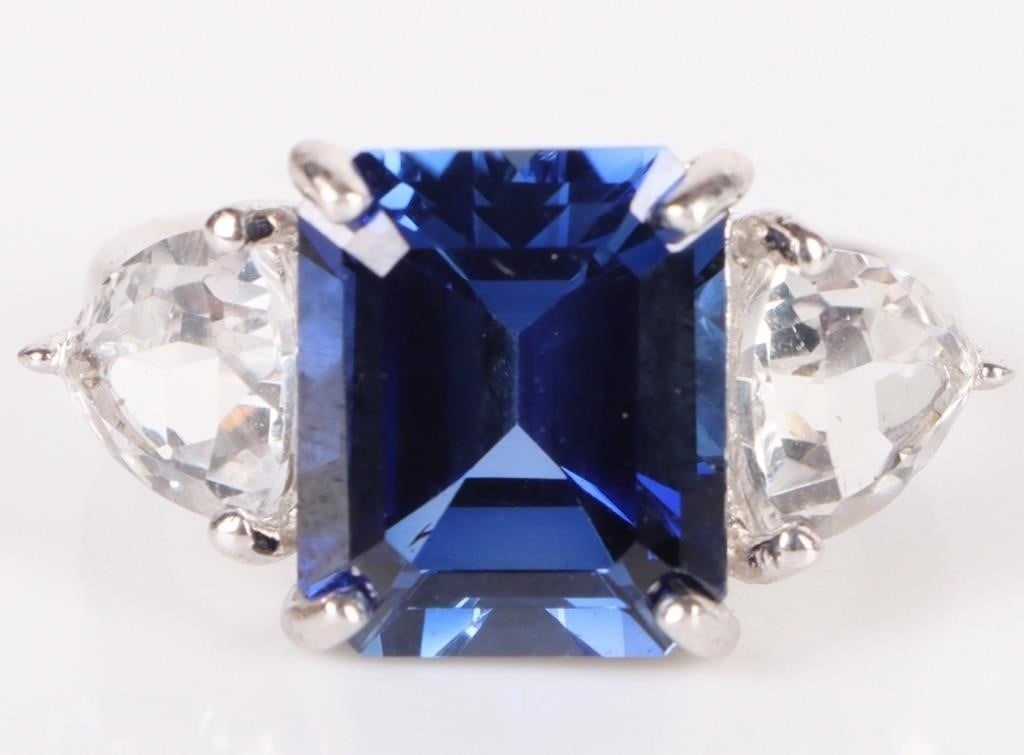 10X9MM BLUE SAPPHIRE & TOPAZ STERLING SILVER RING (1 of 4)