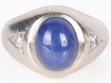 14K WHITE GOLD BLUE STAR SAPPHIRE DIAMOND RING