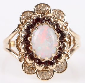 10K YELLOW GOLD LADIES RING W/ 1CT OPAL AND GARNET