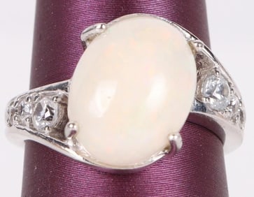 12X9MM WHITE OPAL & TOPAZ STERLING SILVER RING