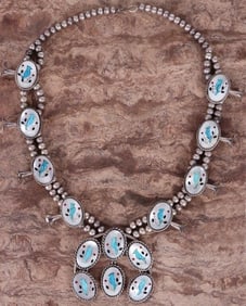 STERLING MOP & TURQUOISE SQUASH BLOSSOM NECKLACE