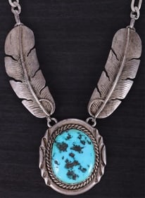 TURUOISE FEATHER SIGNED STERLING NECKLACE
