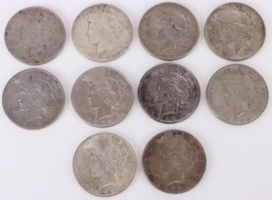 0.9 SILVER 1922 P LIBERTY PEACE DOLLARS - (10)