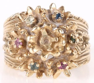 14K YELLOW GOLD FLOWER ASSORTED GEM LADIES RING