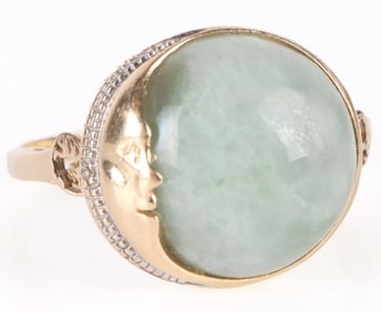 14K GOLD LIGHT GREEN JADE MOON LADIES RING