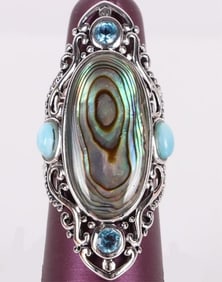LARIMAR, ABALONE, & TOPAZ STERLING SILVER RING