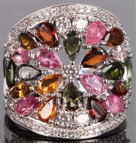 STERLING SILVER MULTI-GEMSTONE FLORAL RING