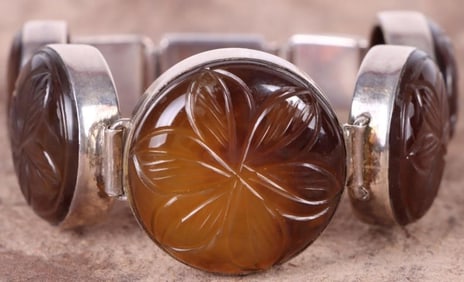 STERLING SILVER CARVED CARNELIAN BRACELET