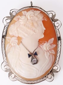 14K WHITE GOLD CAMEO DIAMOND ONYX PIN & PENDANT