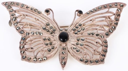 STERLING SILVER ONYX MARCASITE BUTTERFLY BROOCH