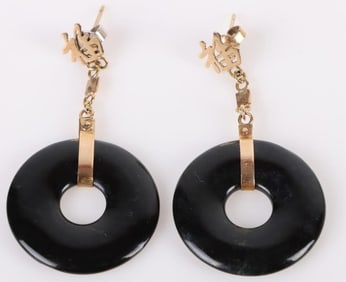 14K GOLD BLACK ONYX LADIES DANGLE EARRINGS