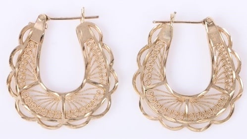 14K YELLOW GOLD FILIGREE LADIES HOOP EARRINGS